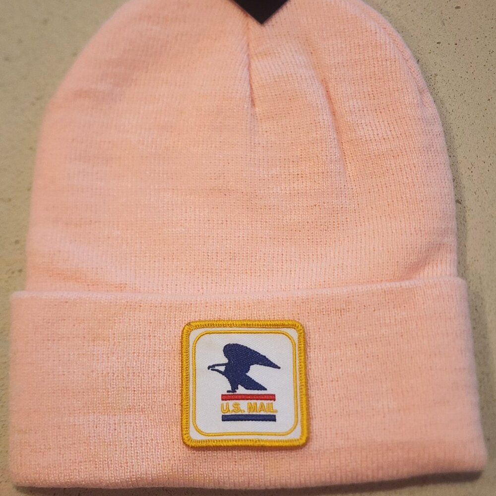 U.S. MAIL Patched Knit Cuffed Beanie in Soft Pink